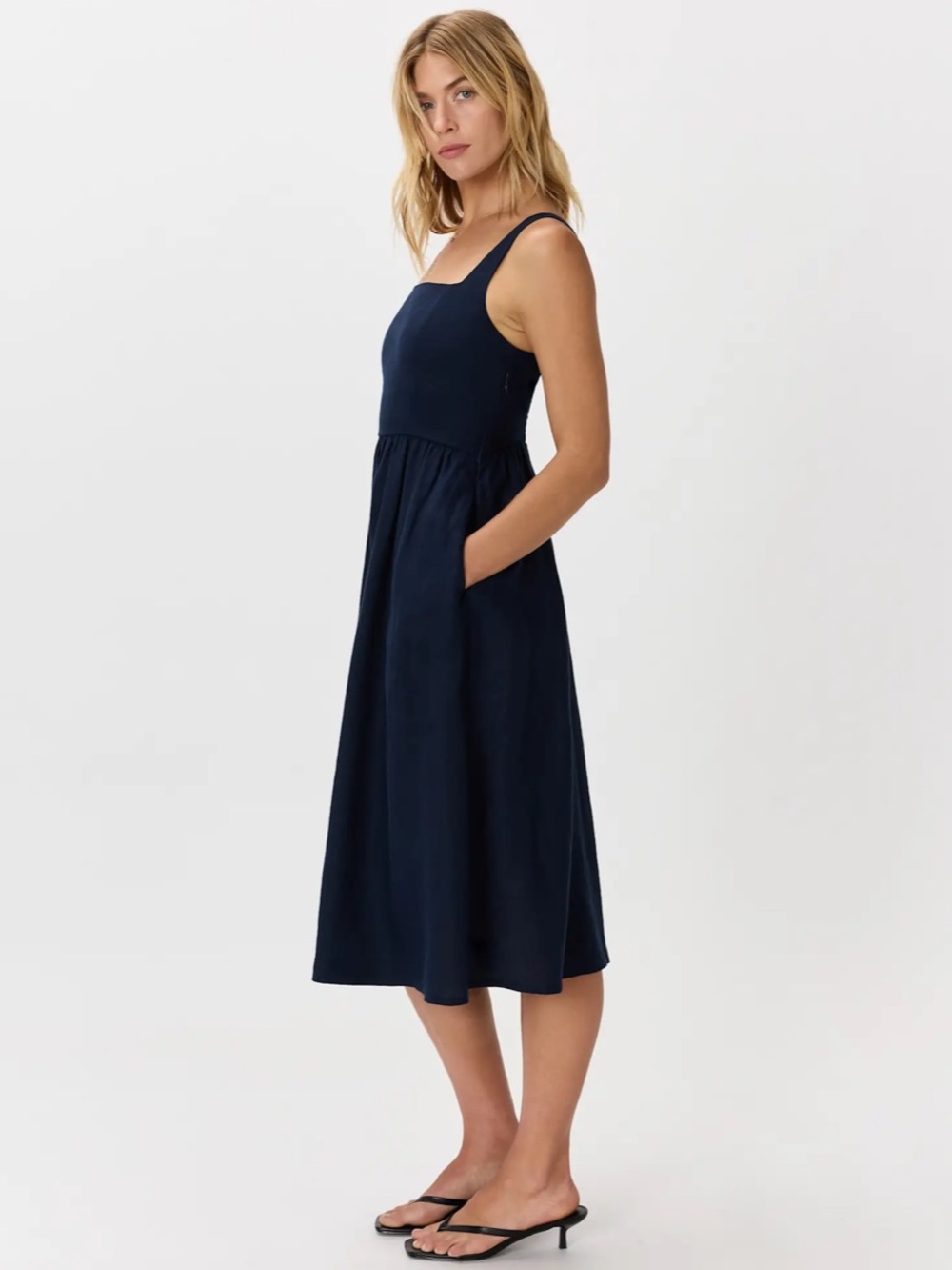Quince 100% European Linen Square-Neck Fit & Flare Midi Dress in Deep Navy